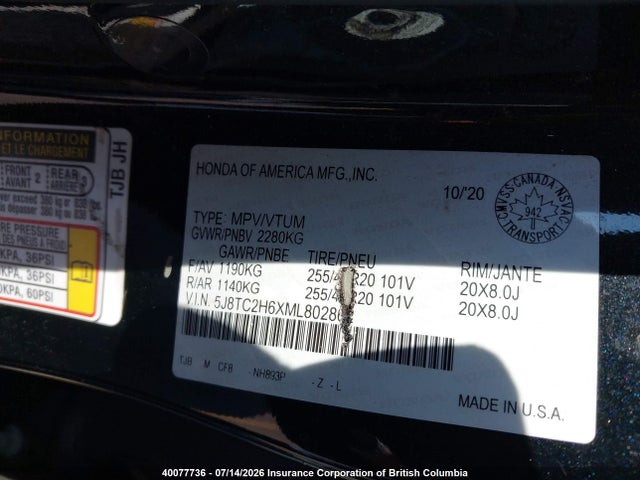 40077736 :رقم المزاد ، 5J8TC2H6XML802862 vin ، 2021 Acura Rdx A-spec مزاد بيع