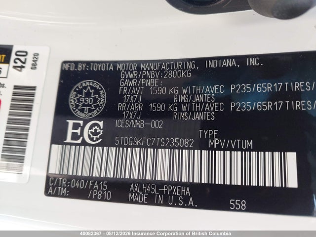 40082367 :رقم المزاد ، 5TDGSKFC7TS235082 vin ، 2026 Toyota Sienna Le Awd 8-pass مزاد بيع