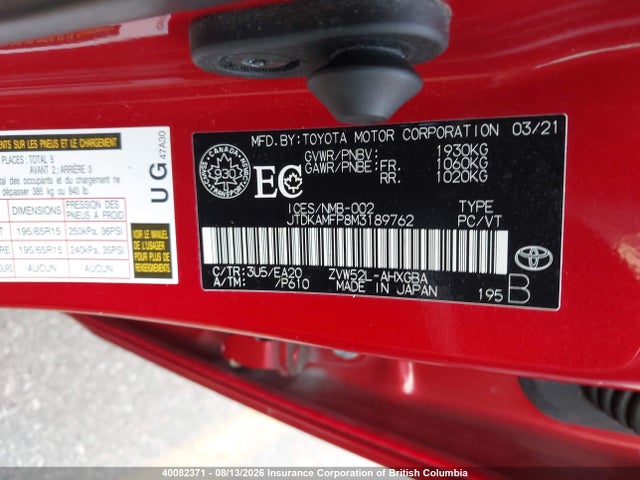 40082371 :رقم المزاد ، JTDKAMFP8M3189762 vin ، 2021 Toyota Prius مزاد بيع