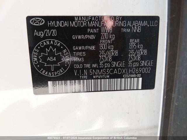 Продаж на аукціоні авто 2020 Hyundai Santa Fe Sel/sel Plus, vin: 5NMS3CADXLH269002, номер лоту: 40076523