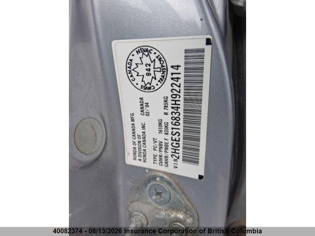 40082374 :رقم المزاد ، 2HGES16834H922414 vin ، 2004 Honda Civic مزاد بيع