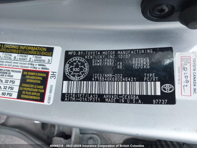Aukcja sprzedaży 2008 Toyota Camry Hybrid, vin: 4T1BB46K68U046421, numer aukcji: 40069216