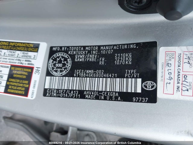 Aukcja sprzedaży 2008 Toyota Camry Hybrid, vin: 4T1BB46K68U046421, numer aukcji: 40069216