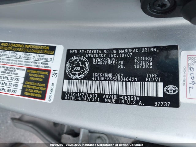 Aukcja sprzedaży 2008 Toyota Camry Hybrid, vin: 4T1BB46K68U046421, numer aukcji: 40069216