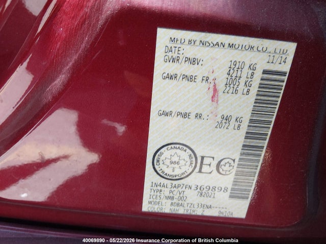2015 Nissan Altima 2.5/s/sv/sl მანქანა იყიდება აუქციონზე, vin: 1N4AL3AP7FN369898, აუქციონის ნომერი: 40069890
