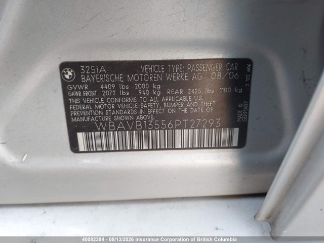 Продажа на аукционе авто 2006 Bmw 325i, vin: WBAVB13556PT27293, номер лота: 40082384