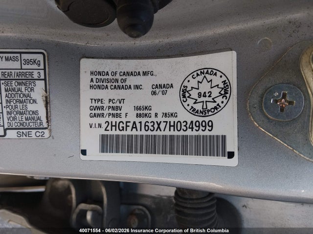 Aukcja sprzedaży 2007 Honda Civic Dx, vin: 2HGFA163X7H034999, numer aukcji: 40071554