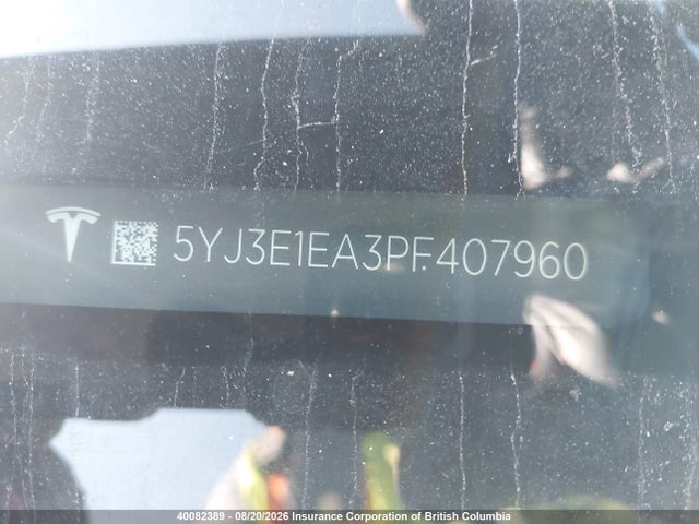 2023 Tesla Model 3 Rwd მანქანა იყიდება აუქციონზე, vin: 5YJ3E1EA3PF407960, აუქციონის ნომერი: 40082389