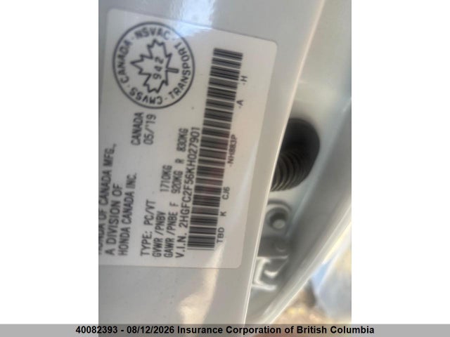 Продаж на аукціоні авто 2019 Honda Civic, vin: 2HGFC2F56KH027901, номер лоту: 40082393
