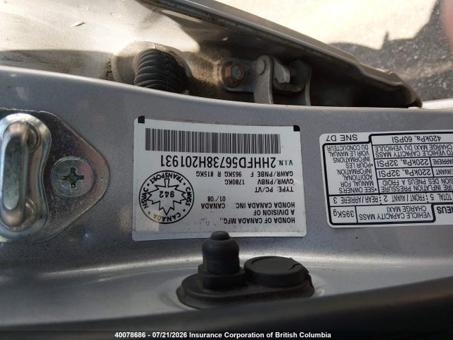Продаж на аукціоні авто 2008 Acura Csx Technology, vin: 2HHFD56738H201931, номер лоту: 40078686