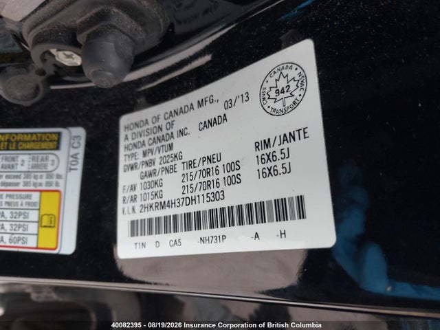 40082395 :رقم المزاد ، 2HKRM4H37DH115303 vin ، 2013 Honda Cr-v مزاد بيع