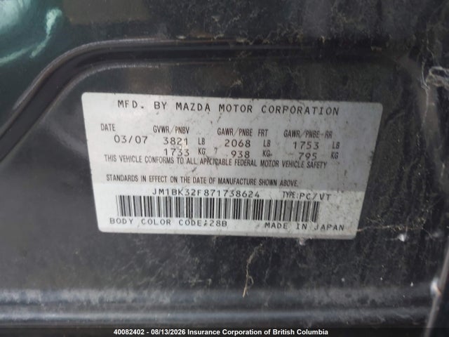 Aukcja sprzedaży 2007 Mazda Mazda3 Gs/gx, vin: JM1BK32F871738624, numer aukcji: 40082402