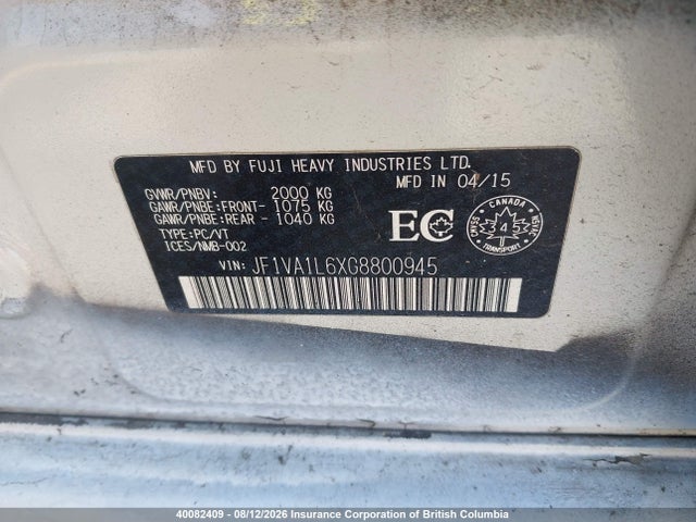 40082409 :رقم المزاد ، JF1VA1L6XG8800945 vin ، 2016 Subaru Wrx Limited مزاد بيع