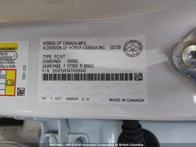 Aukcja sprzedaży 2026 Honda Civic Sport/sport Touring, vin: 2HGFE4F84TH008040, numer aukcji: 40078463