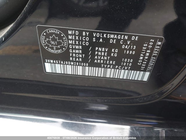 40076939 :رقم المزاد ، 3VW4S7AJ9DM291058 vin ، 2013 Volkswagen Jetta Gli مزاد بيع