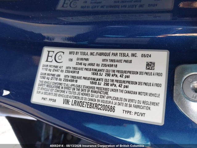 Auction sale of the 2024 Tesla Model 3, vin: LRW3E7EBXRC200586, lot number: 40082414