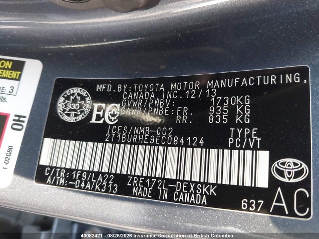 2T1BURHE9EC084124 Toyota Corolla L/le/le Pls/prm/s/s Pls
