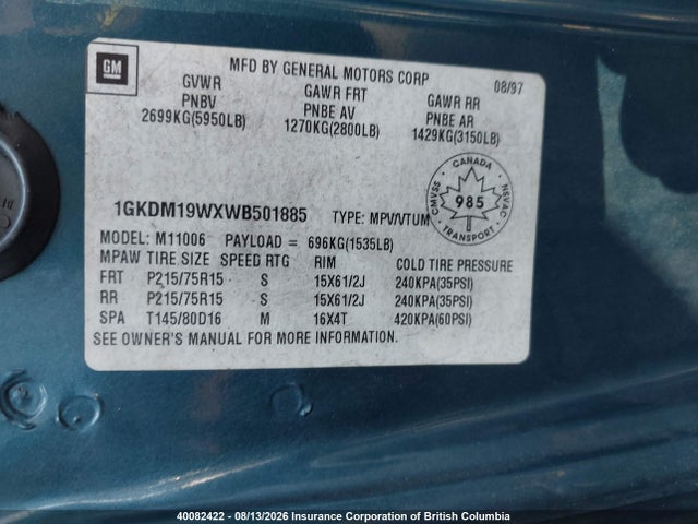 Aukcja sprzedaży 1998 Gmc Safari Xt, vin: 1GKDM19WXWB501885, numer aukcji: 40082422
