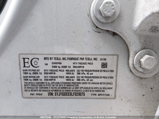 Tesla Model Y 2020 5YJYGDEE0LF029076 Image 9