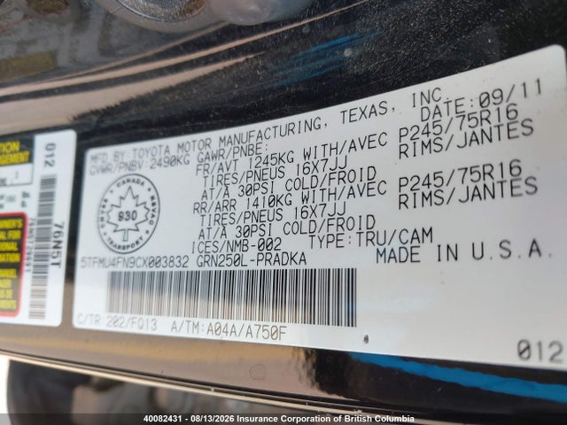 40082431 :رقم المزاد ، 5TFMU4FN9CX003832 vin ، 2012 Toyota Tacoma V6 مزاد بيع