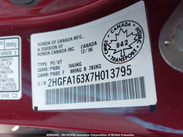 2007 Honda Civic მანქანა იყიდება აუქციონზე, vin: 2HGFA163X7H013795, აუქციონის ნომერი: 40082443