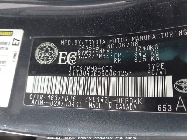 Aukcja sprzedaży 2009 Toyota Corolla S/le/xle, vin: 2T1BU40E09C061254, numer aukcji: 40082444