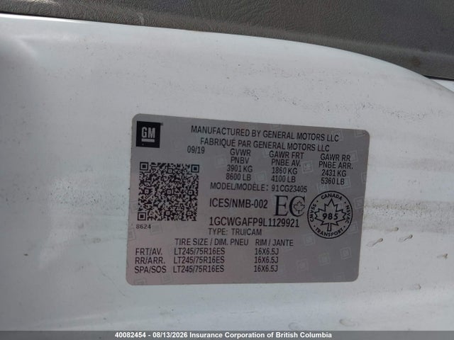 Продажа на аукционе авто 2020 Chevrolet Express 2500 Work Van, vin: 1GCWGAFP9L1129921, номер лота: 40082454