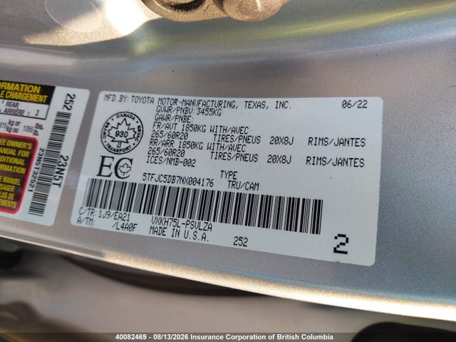 40082469 :رقم المزاد ، 5TFJC5DB7NX004176 vin ، 2022 Toyota Tundra Crewmax Limited/crewmax Trd Pro مزاد بيع