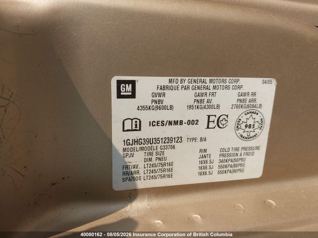 Aukcja sprzedaży 2005 Gmc Savana G3500, vin: 1GJHG39U351239123, numer aukcji: 40080162