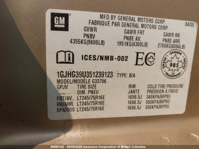 Aukcja sprzedaży 2005 Gmc Savana G3500, vin: 1GJHG39U351239123, numer aukcji: 40080162