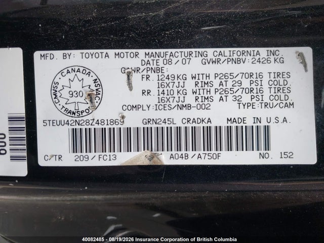 40082485 :رقم المزاد ، 5TEUU42N28Z481869 vin ، 2008 Toyota Tacoma Access Cab مزاد بيع