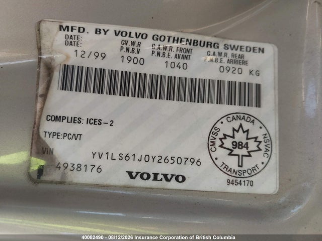 Aukcja sprzedaży 2000 Volvo S70, vin: YV1LS61J0Y2650796, numer aukcji: 40082490