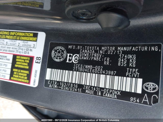 40081980 :رقم المزاد ، 2T1BU4EE6DC043987 vin ، 2013 Toyota Corolla S/le مزاد بيع