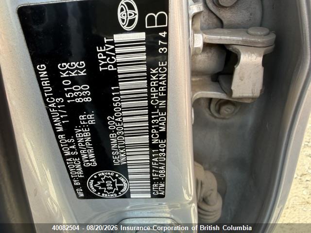 2014 Toyota Yaris მანქანა იყიდება აუქციონზე, vin: VNKKTUD30EA005011, აუქციონის ნომერი: 40082504