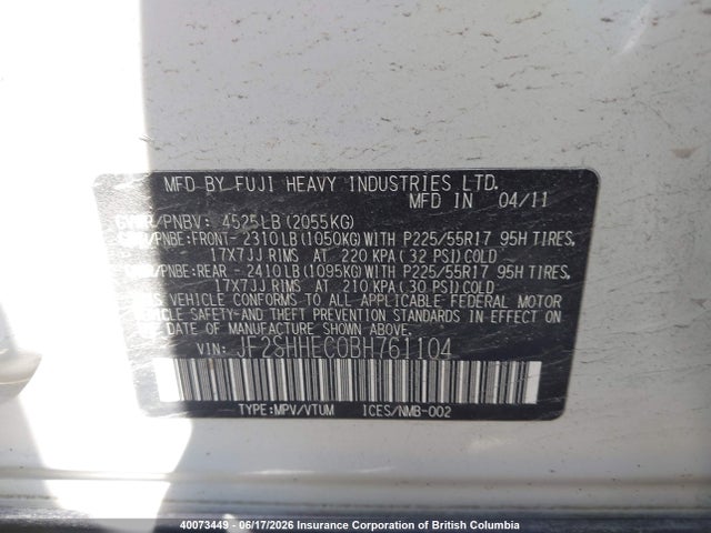 Aukcja sprzedaży 2011 Subaru Forester Limited, vin: JF2SHHEC0BH761104, numer aukcji: 40073449