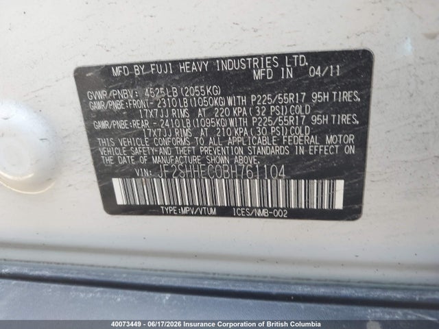 Aukcja sprzedaży 2011 Subaru Forester Limited, vin: JF2SHHEC0BH761104, numer aukcji: 40073449