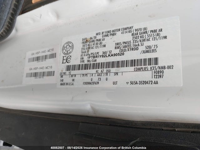 40082507 :رقم المزاد ، 1FTBR1Y82LKA90520 vin ، 2020 Ford Transit-250 Cargo مزاد بيع