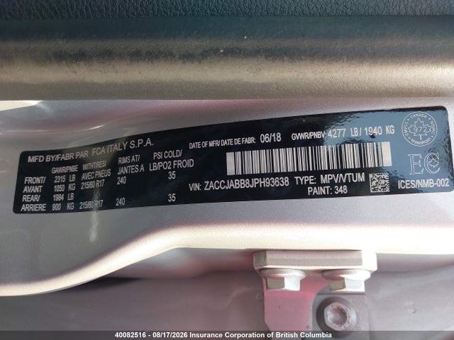 40082516 :رقم المزاد ، ZACCJABB8JPH93638 vin ، 2018 Jeep Renegade North مزاد بيع