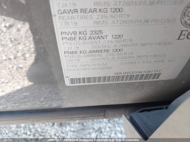 40081617 :رقم المزاد ، WA1EECF36K1081197 vin ، 2019 Audi Q3 Premium Plus S-line مزاد بيع