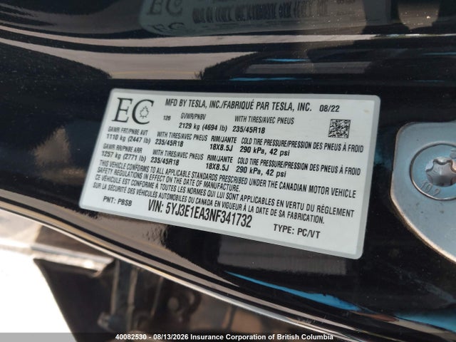 Продаж на аукціоні авто 2022 Tesla Model 3, vin: 5YJ3E1EA3NF341732, номер лоту: 40082530