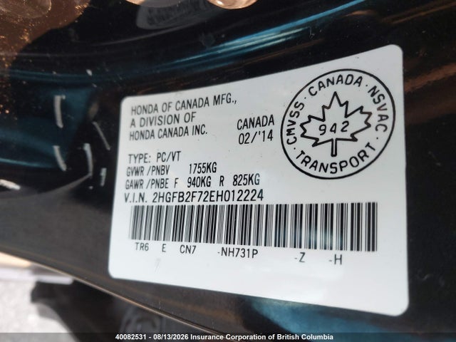 Honda Civic 2014 2HGFB2F72EH012224 Image 9