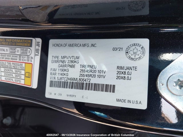40082547 :رقم المزاد ، 5J8TC2H66ML806472 vin ، 2021 Acura Rdx مزاد بيع