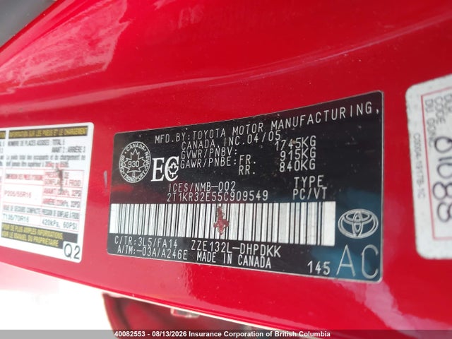 40082553 :رقم المزاد ، 2T1KR32E55C909549 vin ، 2005 Toyota Corolla Matrix Xr مزاد بيع