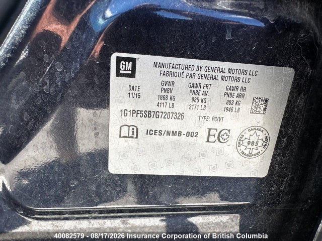 40082579 :رقم المزاد ، 1G1PF5SB7G7207326 vin ، 2016 Chevrolet Cruze مزاد بيع