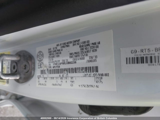 40082588 :رقم المزاد ، 1FMCU9F60LUB82258 vin ، 2020 Ford Escape S مزاد بيع