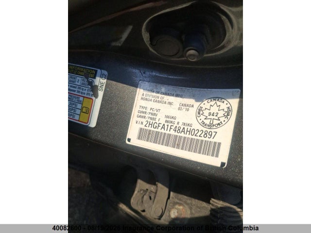 40082600 :رقم المزاد ، 2HGFA1F48AH022897 vin ، 2010 Honda Civic مزاد بيع