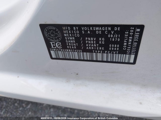 40081615 :رقم المزاد ، 3VWE57BU4MM074599 vin ، 2021 Volkswagen Jetta Sel مزاد بيع