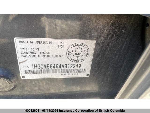 40082608 :رقم المزاد ، 1HGCM56464A812249 vin ، 2004 Honda Accord Lx مزاد بيع