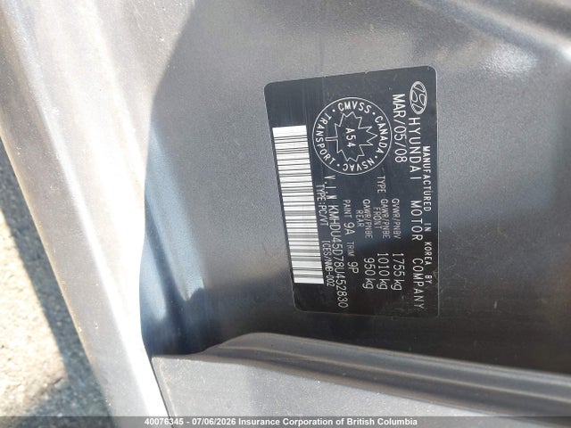 2008 Hyundai Elantra Gl/gls მანქანა იყიდება აუქციონზე, vin: KMHDU45D78U452830, აუქციონის ნომერი: 40076345