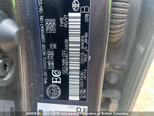 Aukcja sprzedaży 2022 Toyota Pieces C-hr, vin: JTNKHMBX0N1134538, numer aukcji: 40082610